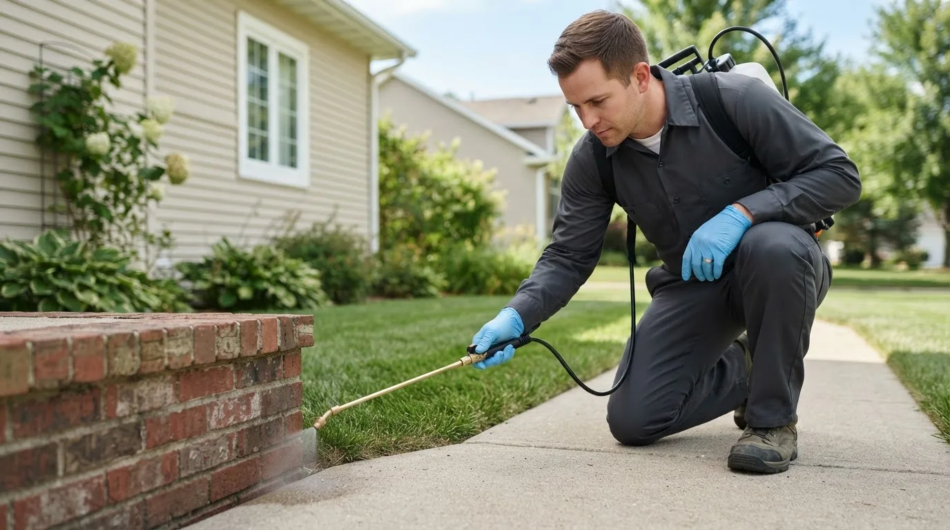 Pest control technician treating a home near Norwich, KS